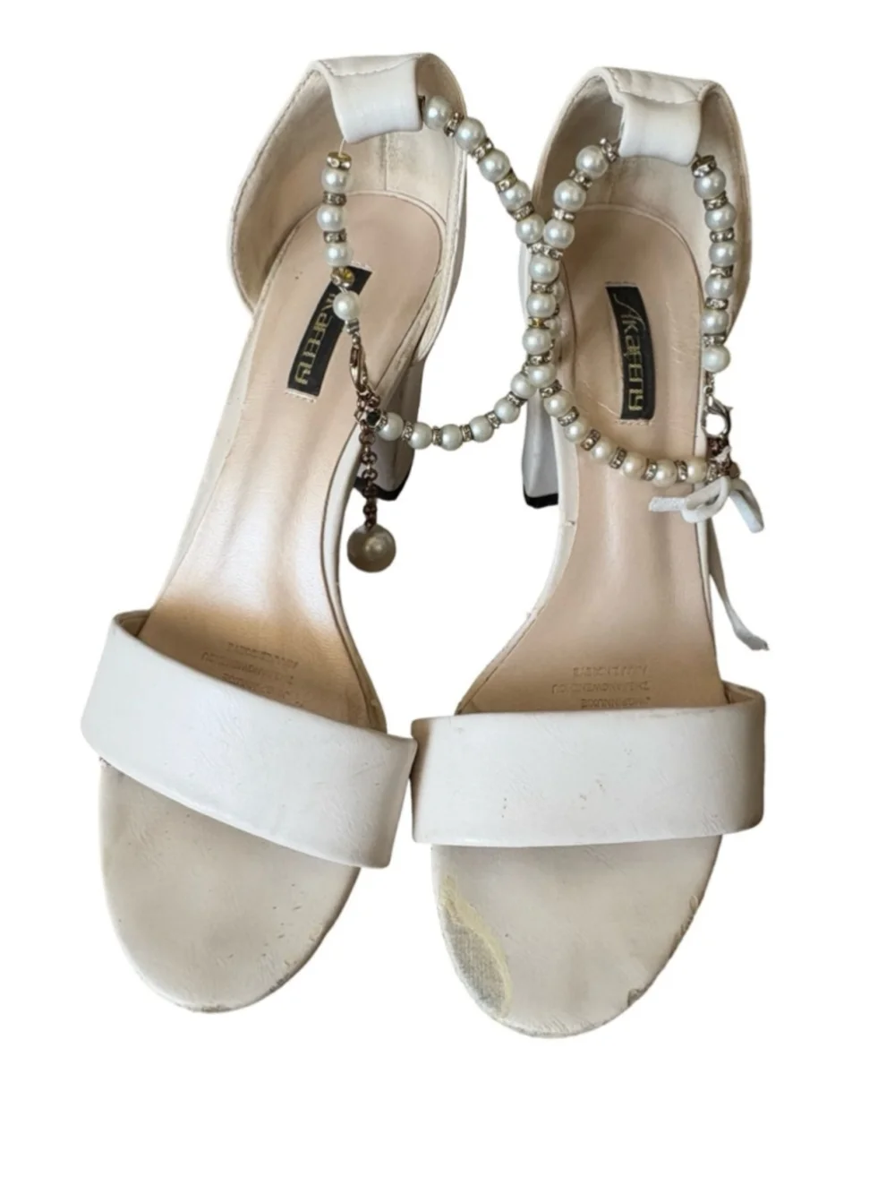 Women's White Pearl-Accent Block Heel Sandals - size 6.5